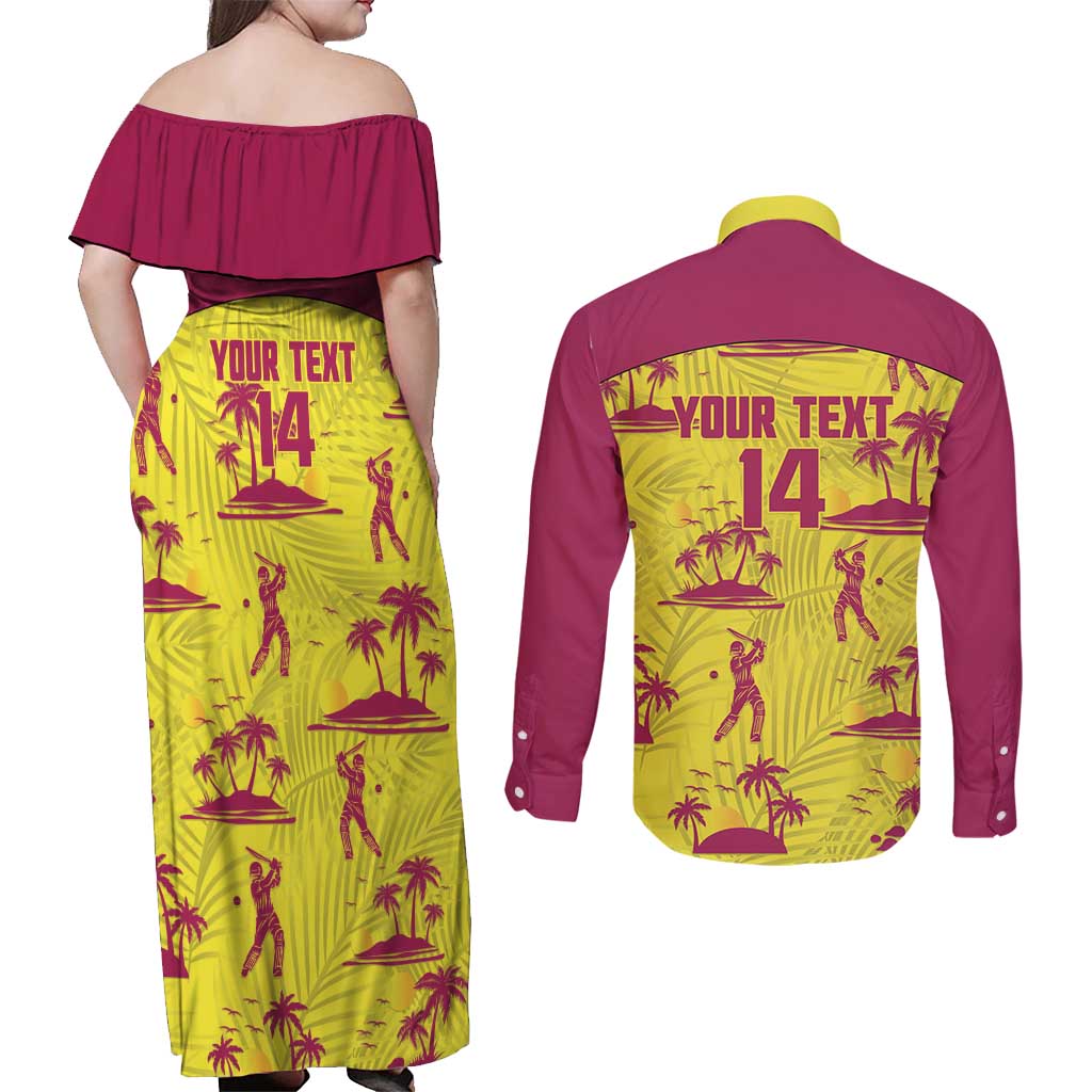 West Indies Cricket Custom Couples Matching Off Shoulder Maxi Dress and Long Sleeve Button Shirt Windies Palm Tree Tropical Style - Wonder Print Shop