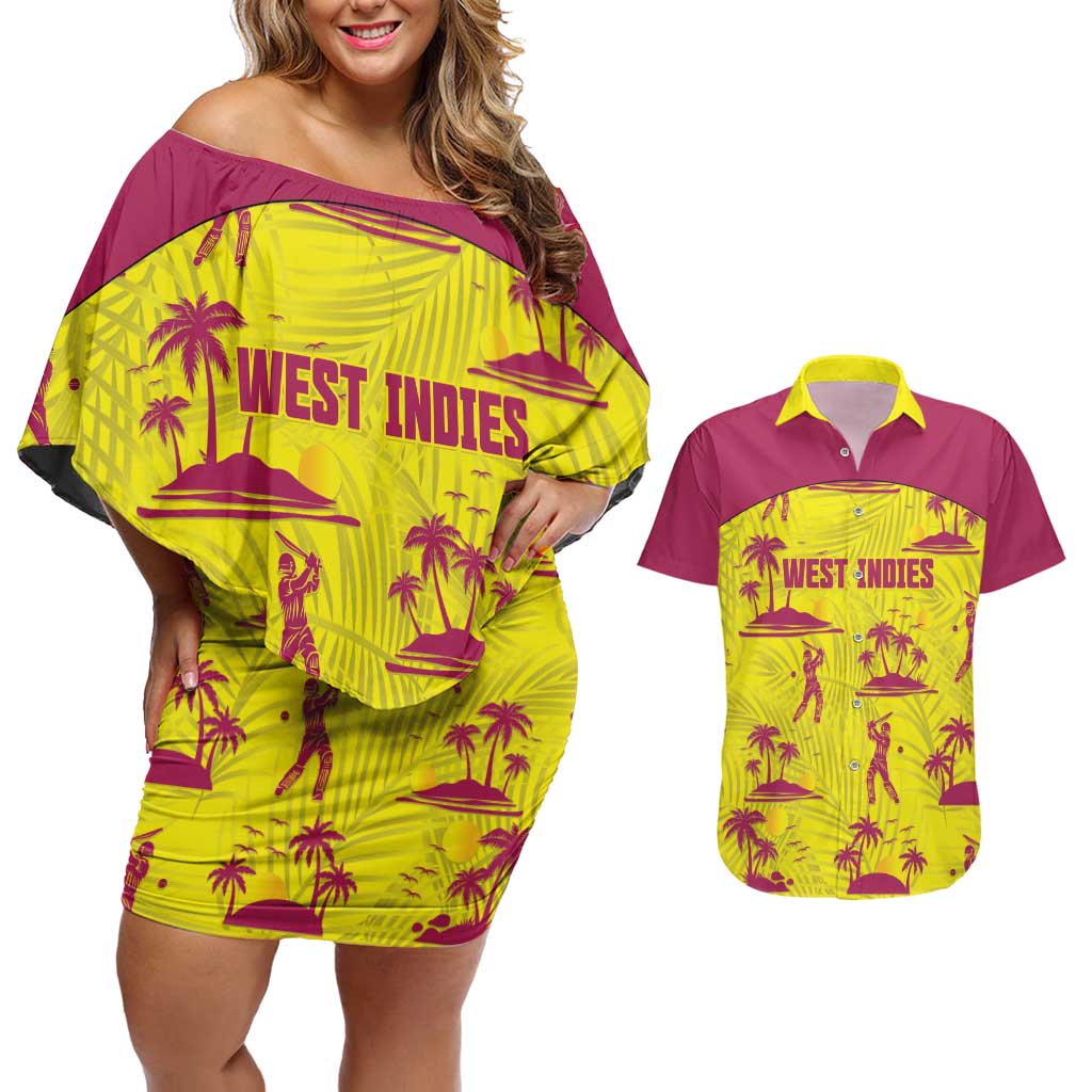 West Indies Cricket Custom Couples Matching Off Shoulder Short Dress and Hawaiian Shirt Windies Palm Tree Tropical Style - Wonder Print Shop