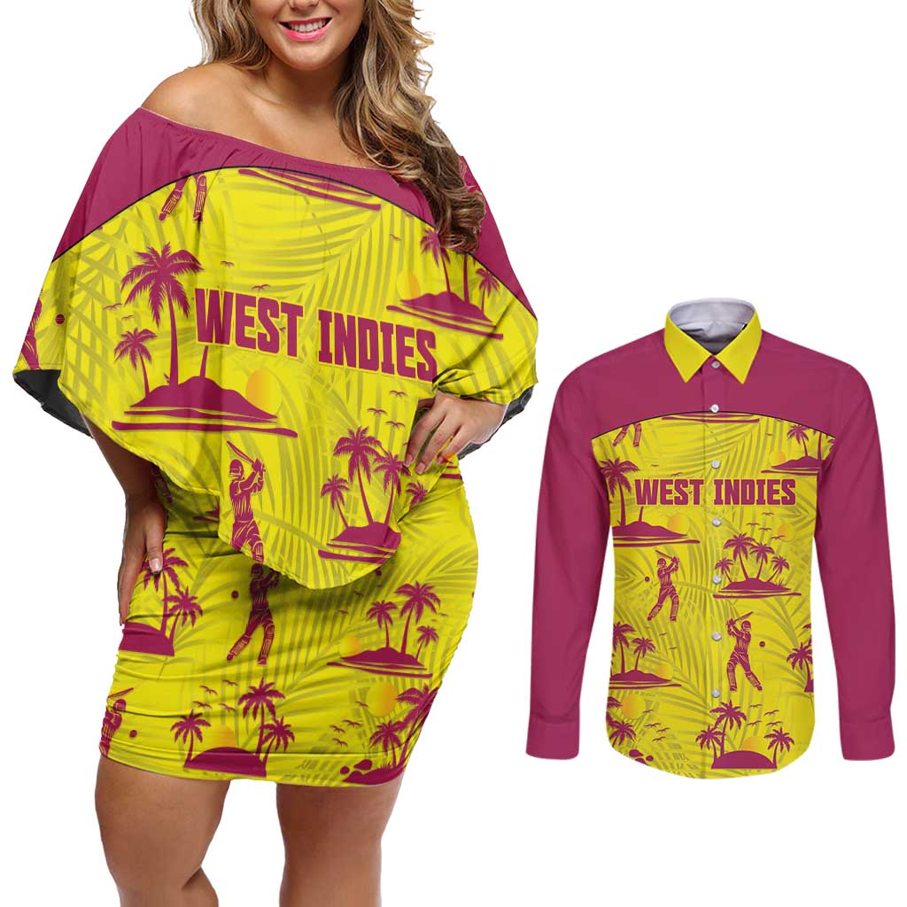 West Indies Cricket Custom Couples Matching Off Shoulder Short Dress and Long Sleeve Button Shirt Windies Palm Tree Tropical Style - Wonder Print Shop