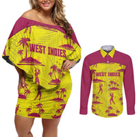 West Indies Cricket Custom Couples Matching Off Shoulder Short Dress and Long Sleeve Button Shirt Windies Palm Tree Tropical Style - Wonder Print Shop