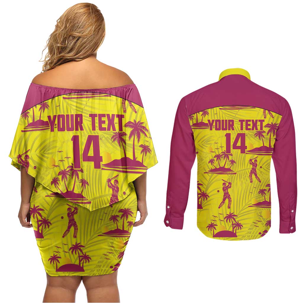 West Indies Cricket Custom Couples Matching Off Shoulder Short Dress and Long Sleeve Button Shirt Windies Palm Tree Tropical Style - Wonder Print Shop