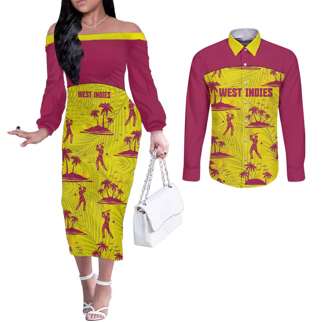 West Indies Cricket Custom Couples Matching Off The Shoulder Long Sleeve Dress and Long Sleeve Button Shirt Windies Palm Tree Tropical Style - Wonder Print Shop