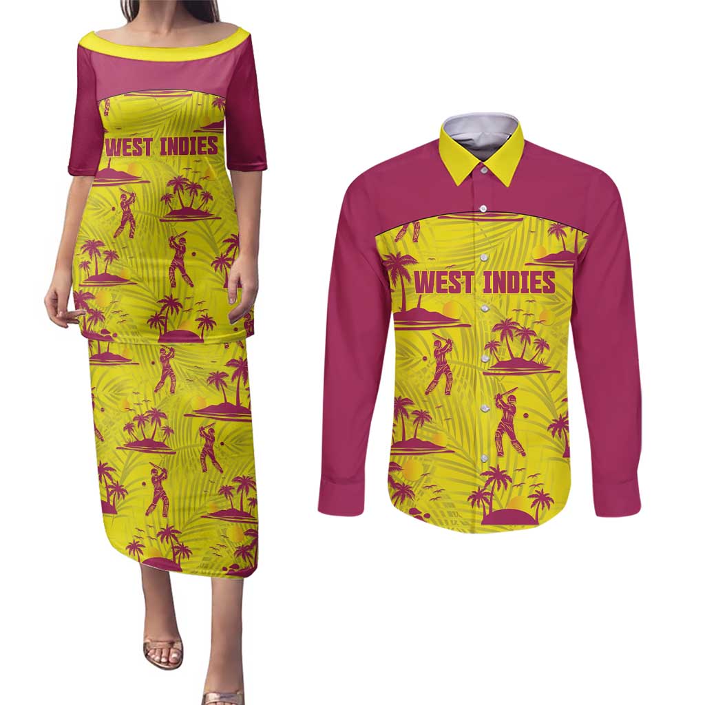 West Indies Cricket Custom Couples Matching Puletasi and Long Sleeve Button Shirt Windies Palm Tree Tropical Style - Wonder Print Shop