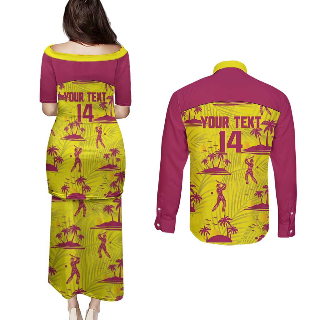 West Indies Cricket Custom Couples Matching Puletasi and Long Sleeve Button Shirt Windies Palm Tree Tropical Style - Wonder Print Shop