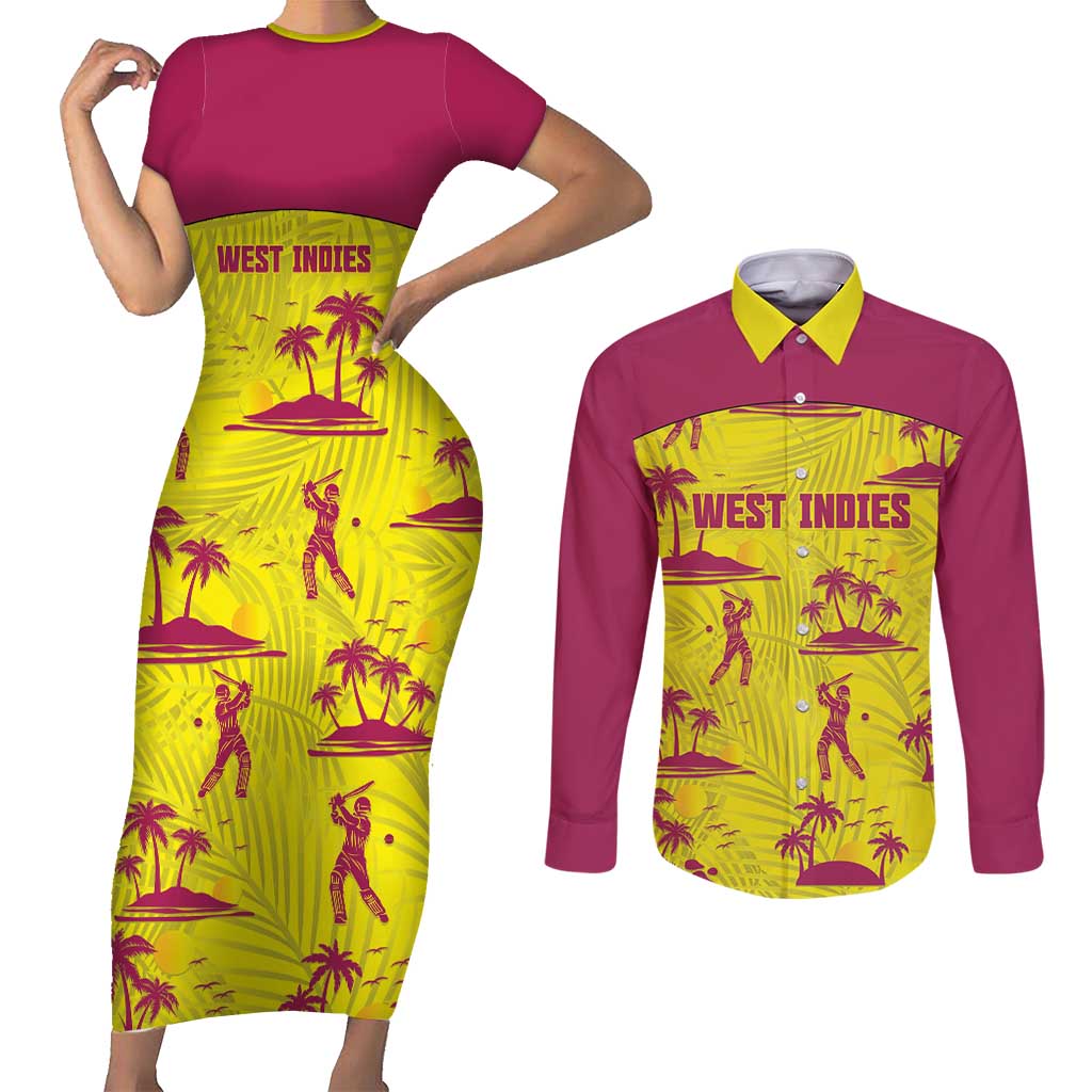 West Indies Cricket Custom Couples Matching Short Sleeve Bodycon Dress and Long Sleeve Button Shirt Windies Palm Tree Tropical Style - Wonder Print Shop
