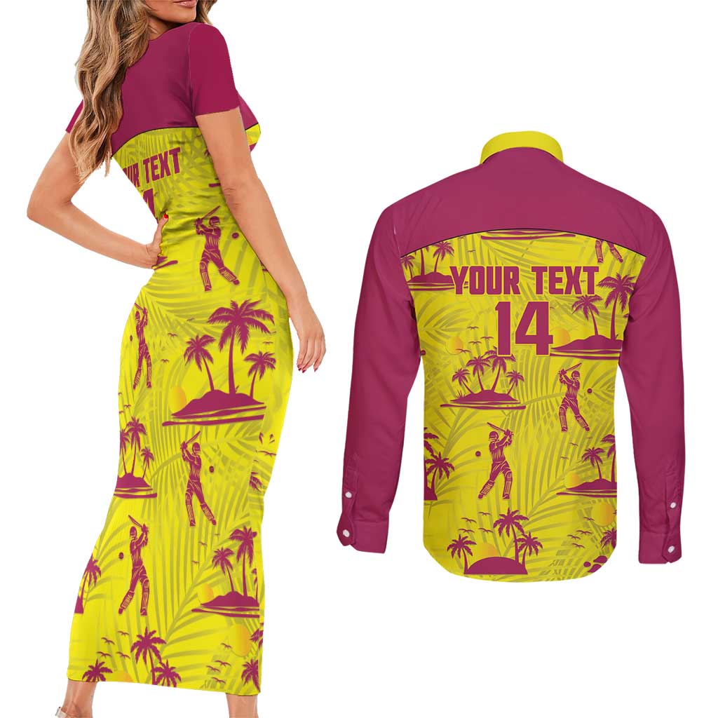 West Indies Cricket Custom Couples Matching Short Sleeve Bodycon Dress and Long Sleeve Button Shirt Windies Palm Tree Tropical Style - Wonder Print Shop