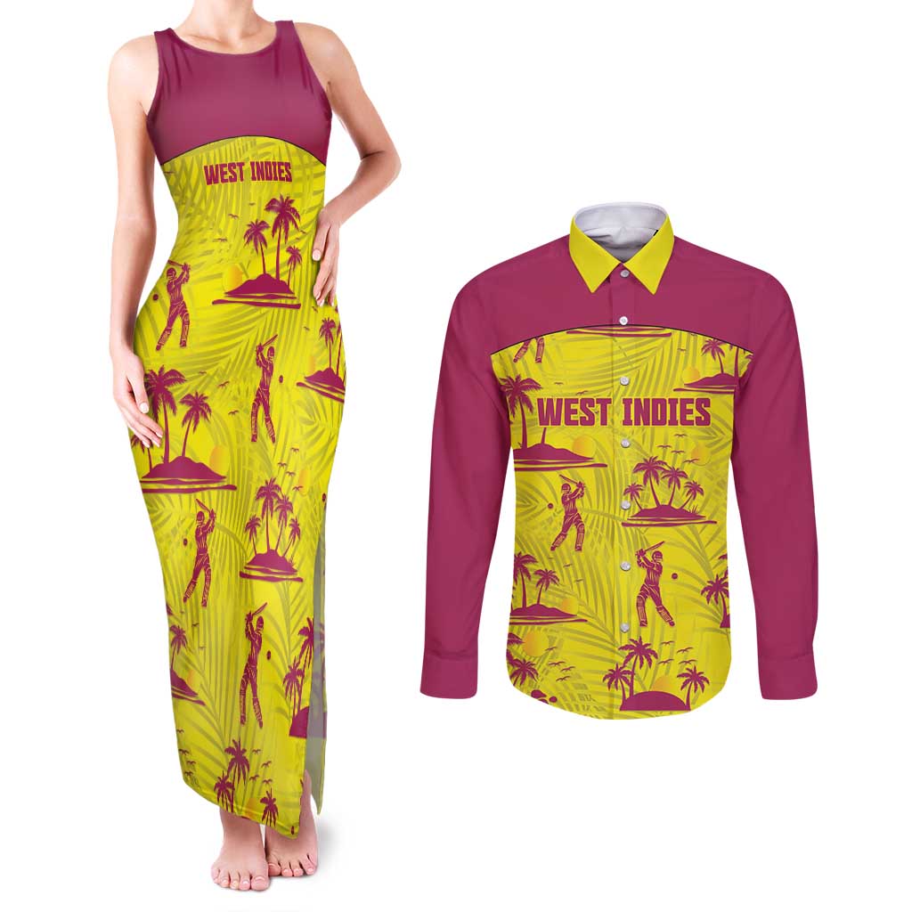 West Indies Cricket Custom Couples Matching Tank Maxi Dress and Long Sleeve Button Shirt Windies Palm Tree Tropical Style - Wonder Print Shop