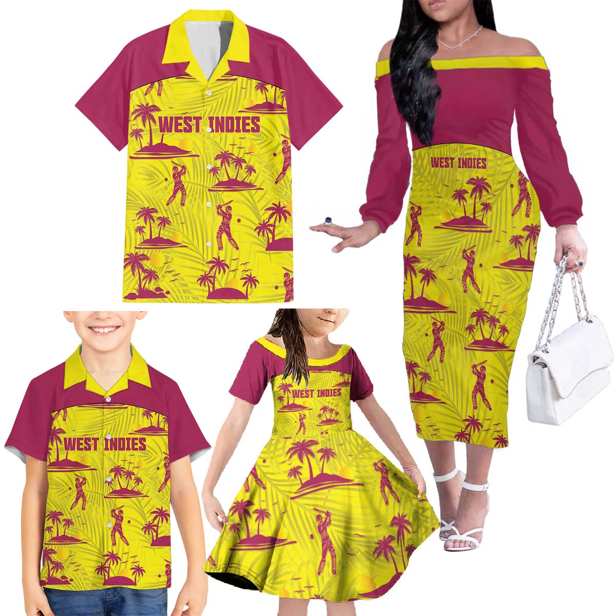 West Indies Cricket Custom Family Matching Off The Shoulder Long Sleeve Dress and Hawaiian Shirt Windies Palm Tree Tropical Style - Wonder Print Shop