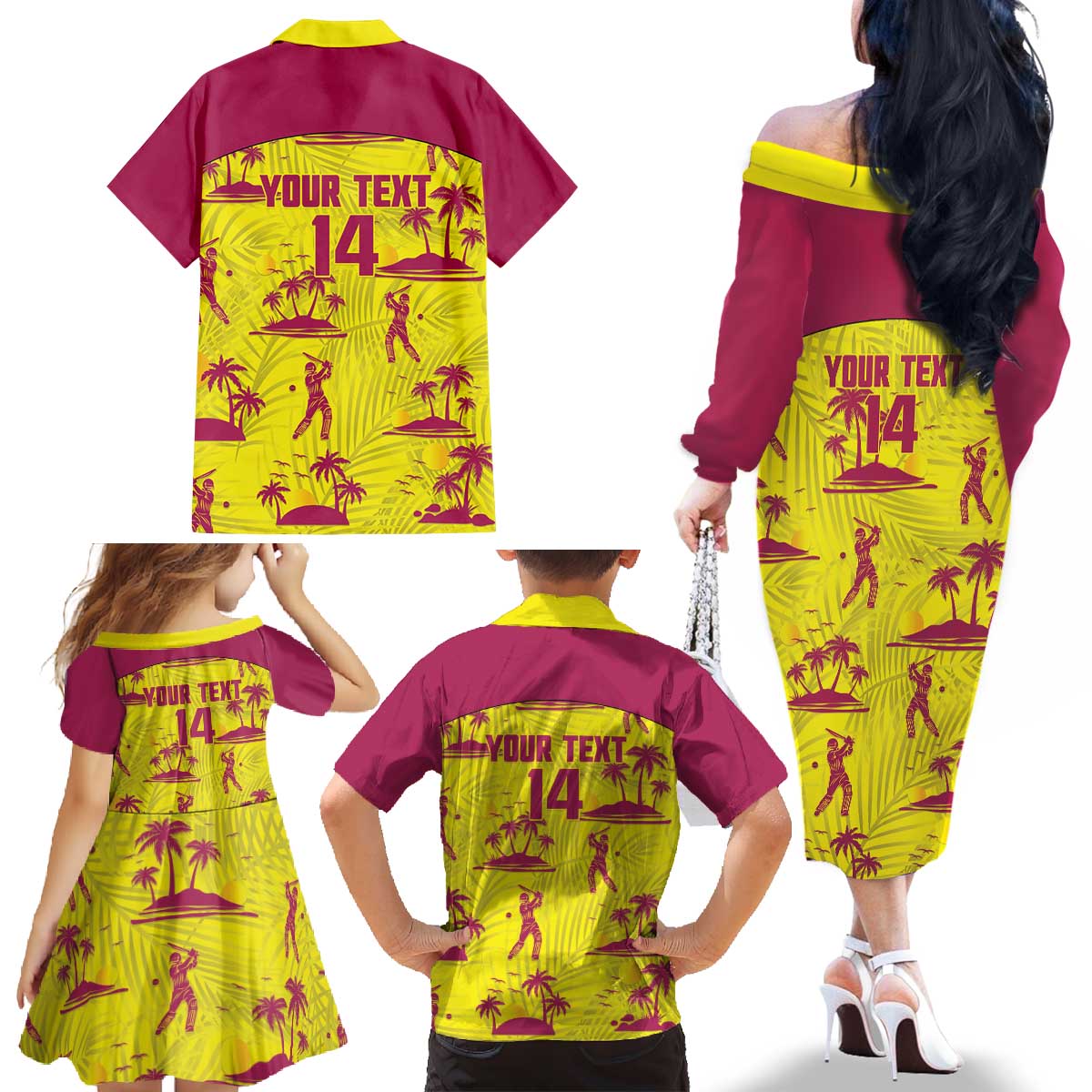 West Indies Cricket Custom Family Matching Off The Shoulder Long Sleeve Dress and Hawaiian Shirt Windies Palm Tree Tropical Style - Wonder Print Shop