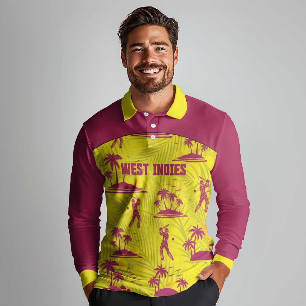 West Indies Cricket Custom Long Sleeve Polo Shirt Windies Palm Tree Tropical Style - Wonder Print Shop