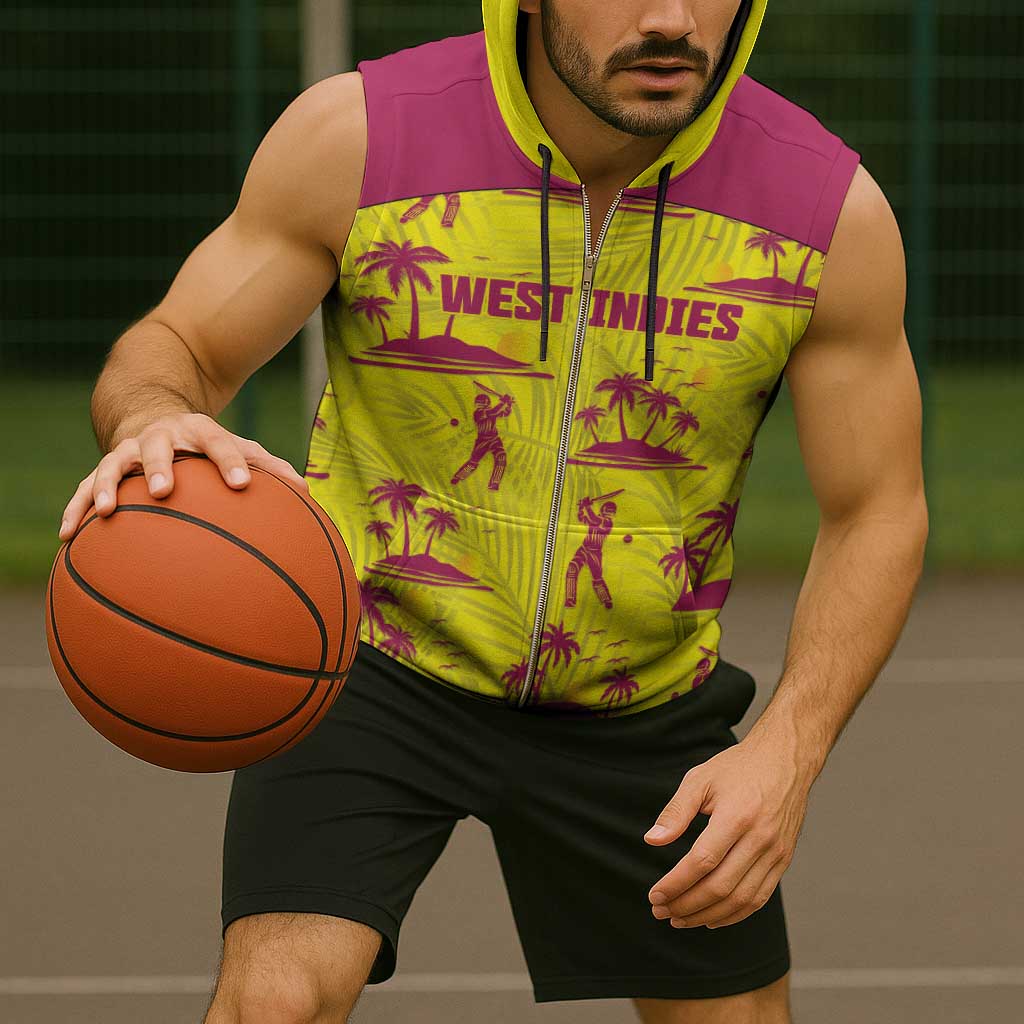 West Indies Cricket Custom Sleeveless Zip Hoodie Windies Palm Tree Tropical Style - Wonder Print Shop