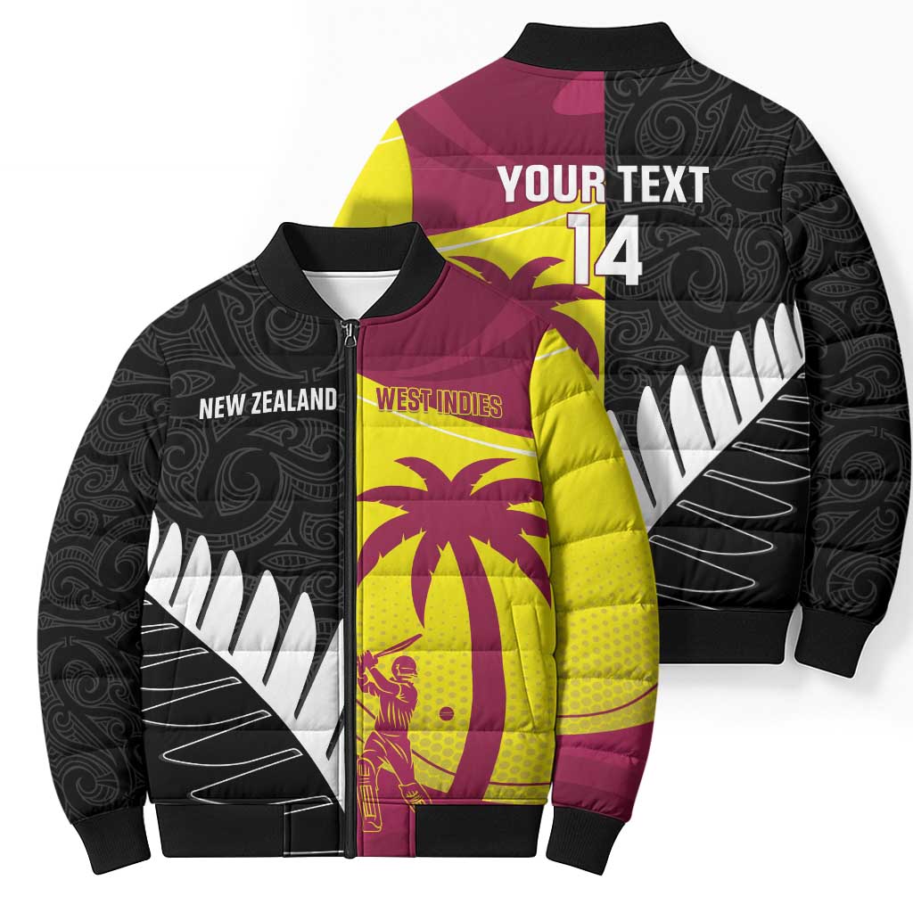 New Zealand and West Indies Cricket Custom Bomber Puffer Jacket Black Cap Windies Together - Wonder Print Shop