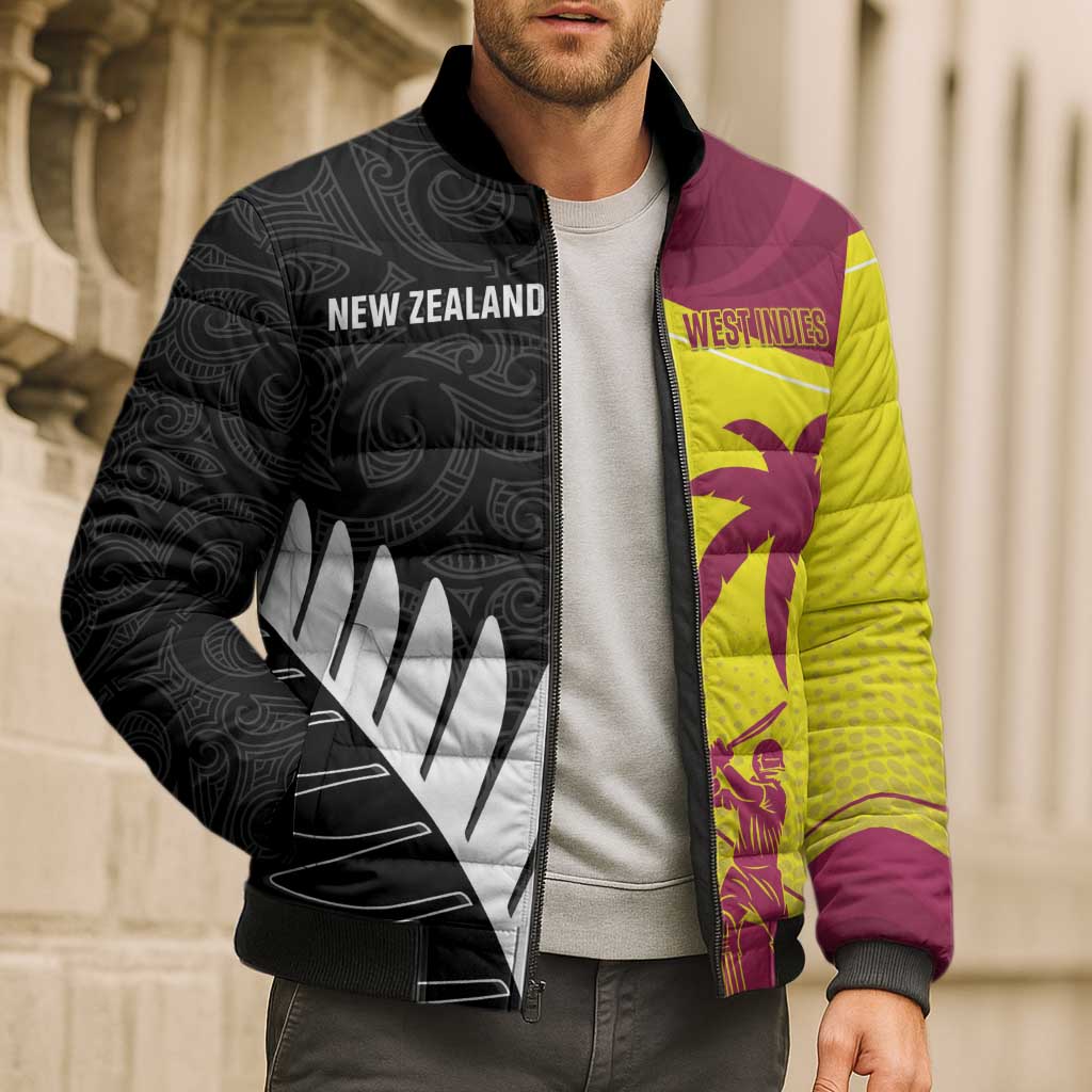 New Zealand and West Indies Cricket Custom Bomber Puffer Jacket Black Cap Windies Together - Wonder Print Shop