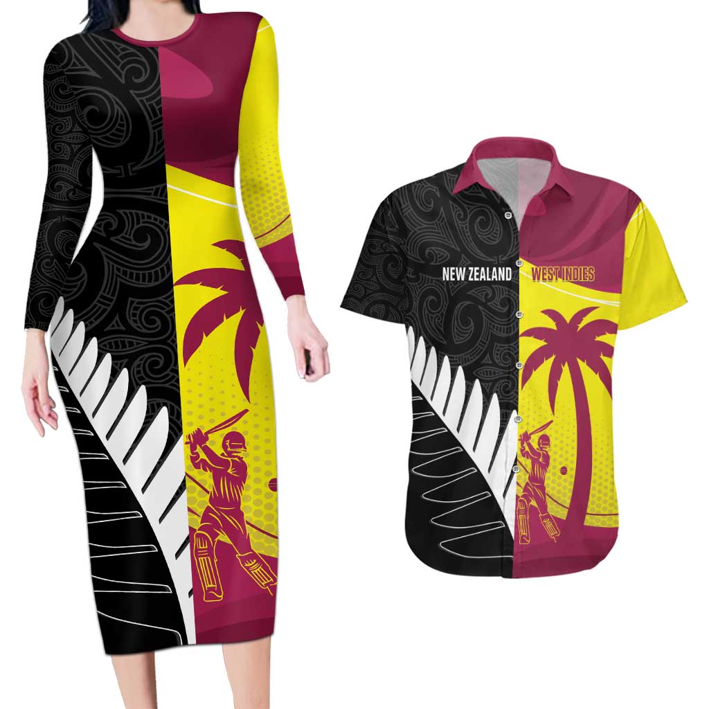 New Zealand and West Indies Cricket Custom Couples Matching Long Sleeve Bodycon Dress and Hawaiian Shirt Black Cap Windies Together - Wonder Print Shop