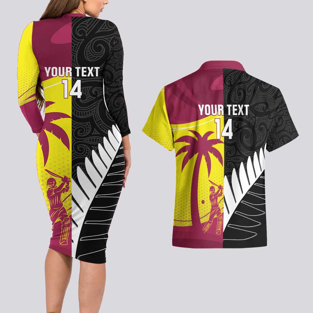 New Zealand and West Indies Cricket Custom Couples Matching Long Sleeve Bodycon Dress and Hawaiian Shirt Black Cap Windies Together - Wonder Print Shop