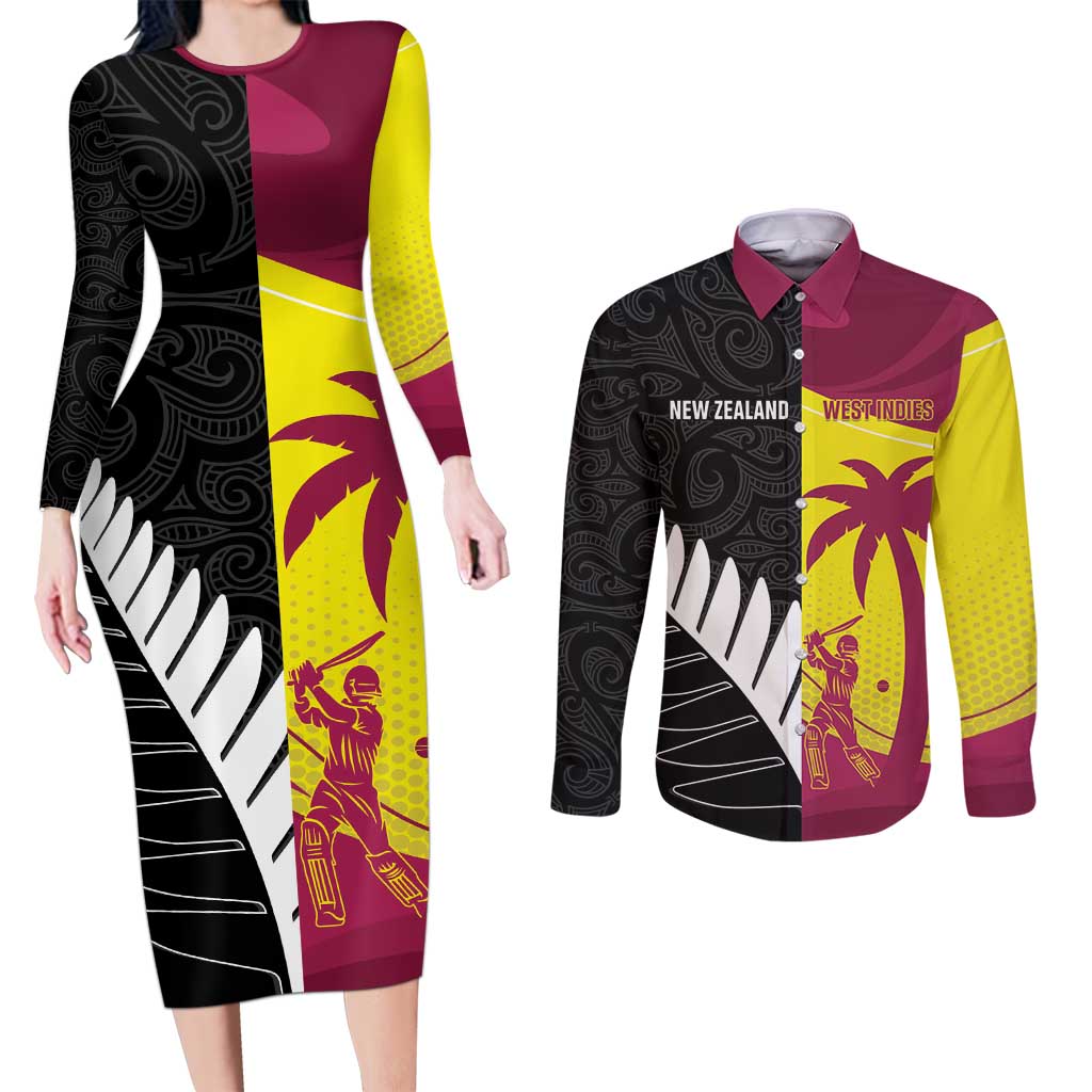 New Zealand and West Indies Cricket Custom Couples Matching Long Sleeve Bodycon Dress and Long Sleeve Button Shirt Black Cap Windies Together - Wonder Print Shop