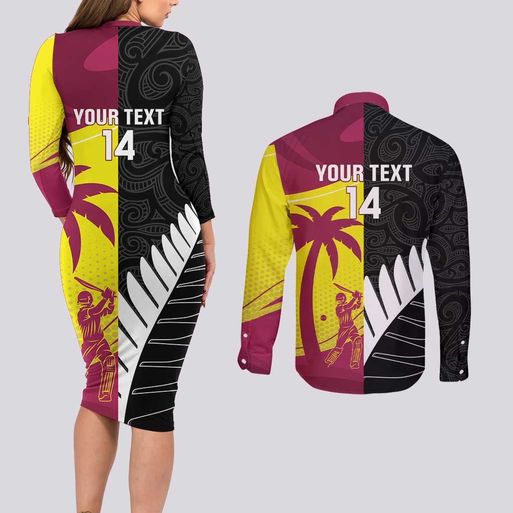New Zealand and West Indies Cricket Custom Couples Matching Long Sleeve Bodycon Dress and Long Sleeve Button Shirt Black Cap Windies Together - Wonder Print Shop