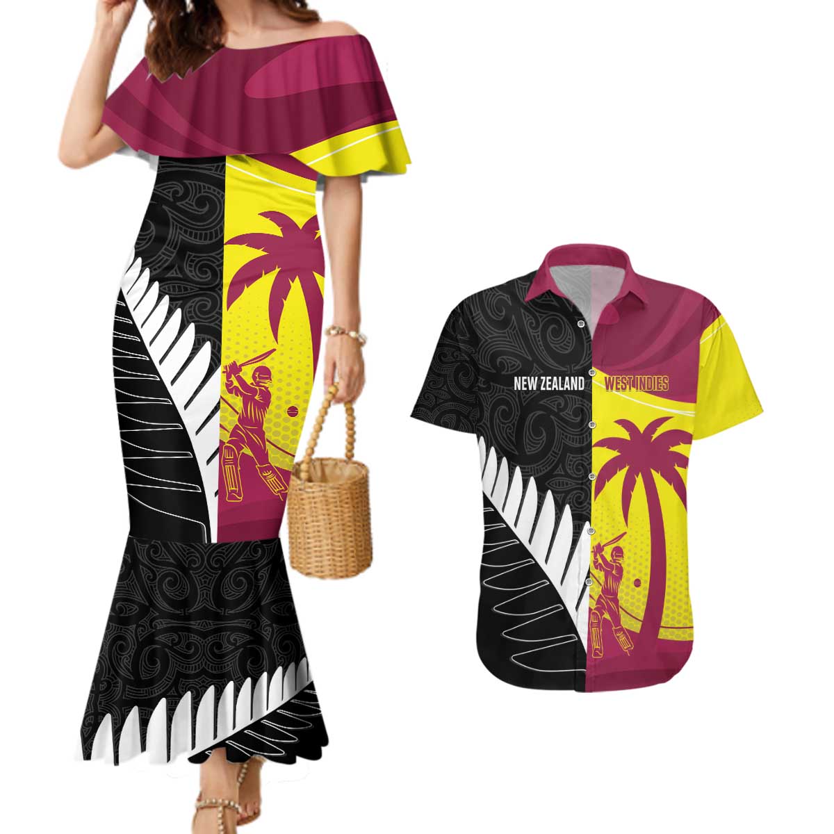 New Zealand and West Indies Cricket Custom Couples Matching Mermaid Dress and Hawaiian Shirt Black Cap Windies Together - Wonder Print Shop
