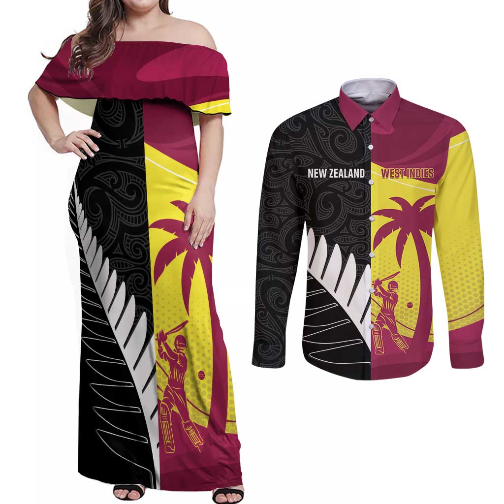 New Zealand and West Indies Cricket Custom Couples Matching Off Shoulder Maxi Dress and Long Sleeve Button Shirt Black Cap Windies Together - Wonder Print Shop