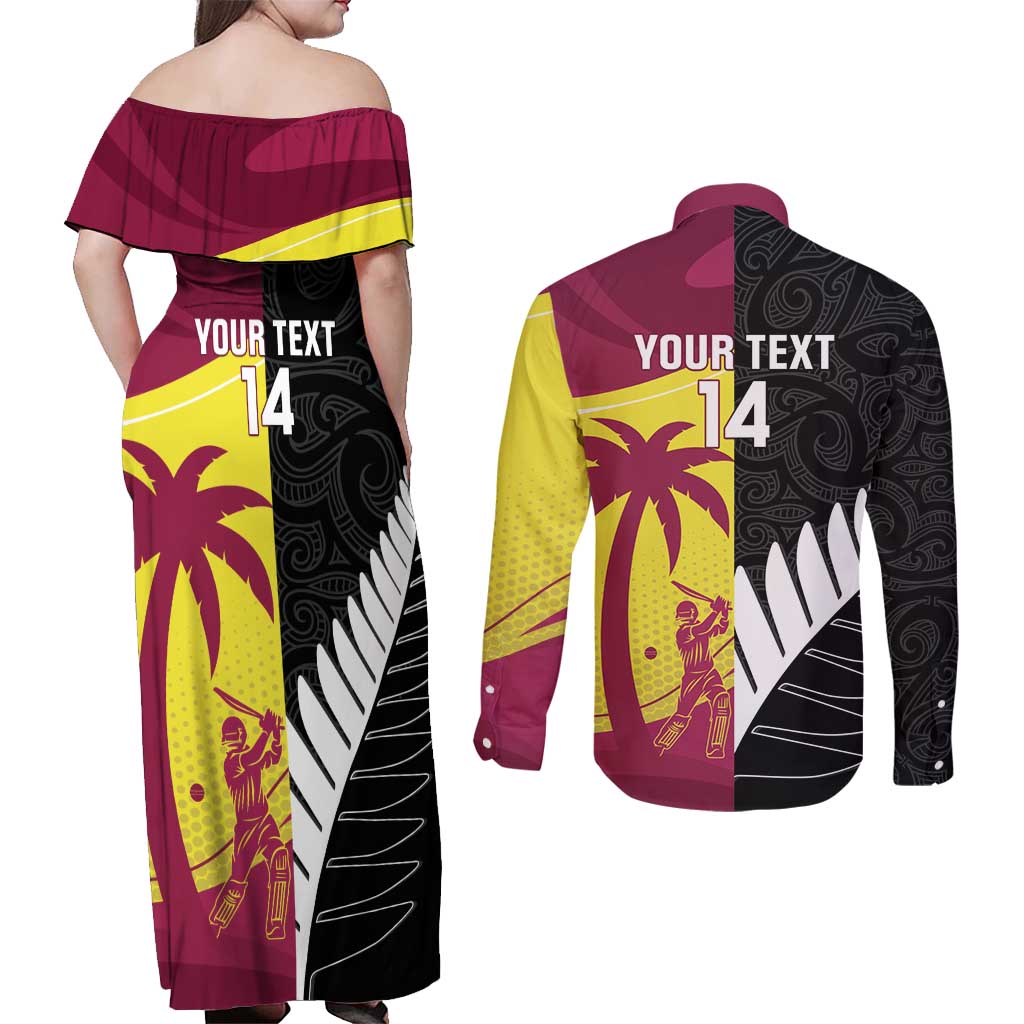 New Zealand and West Indies Cricket Custom Couples Matching Off Shoulder Maxi Dress and Long Sleeve Button Shirt Black Cap Windies Together - Wonder Print Shop