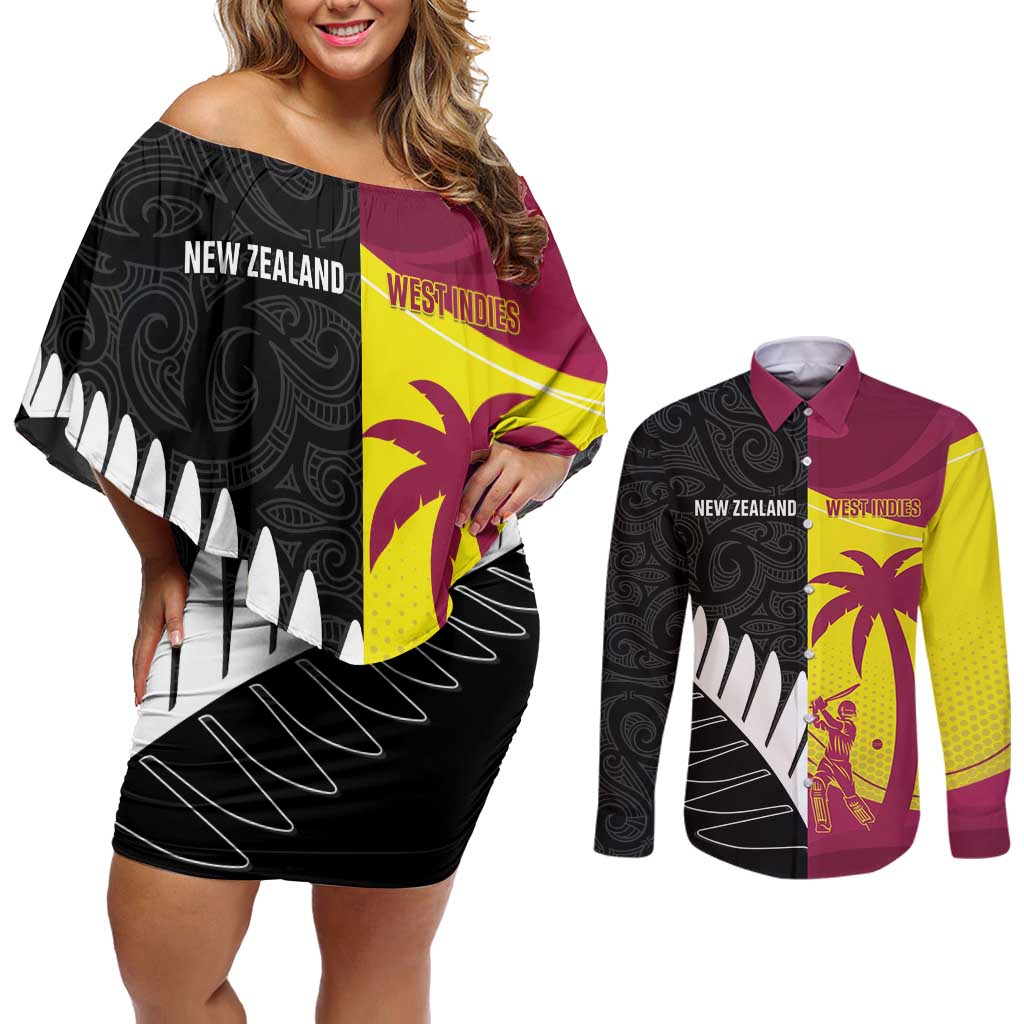 New Zealand and West Indies Cricket Custom Couples Matching Off Shoulder Short Dress and Long Sleeve Button Shirt Black Cap Windies Together - Wonder Print Shop