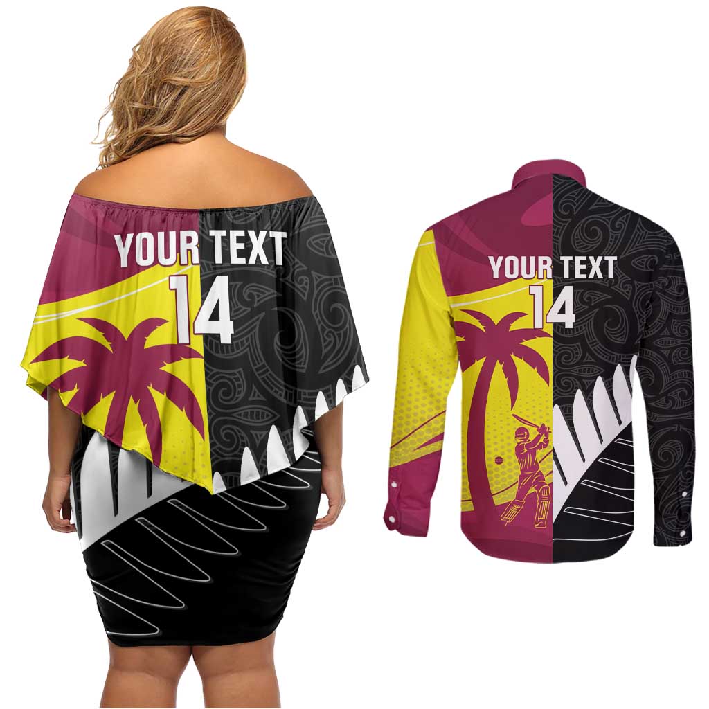 New Zealand and West Indies Cricket Custom Couples Matching Off Shoulder Short Dress and Long Sleeve Button Shirt Black Cap Windies Together - Wonder Print Shop