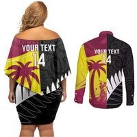 New Zealand and West Indies Cricket Custom Couples Matching Off Shoulder Short Dress and Long Sleeve Button Shirt Black Cap Windies Together - Wonder Print Shop