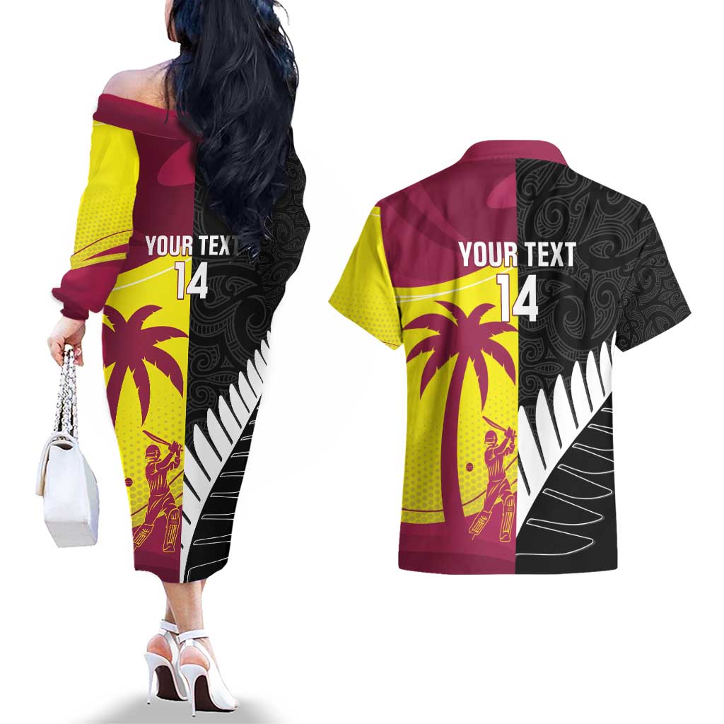 New Zealand and West Indies Cricket Custom Couples Matching Off The Shoulder Long Sleeve Dress and Hawaiian Shirt Black Cap Windies Together - Wonder Print Shop