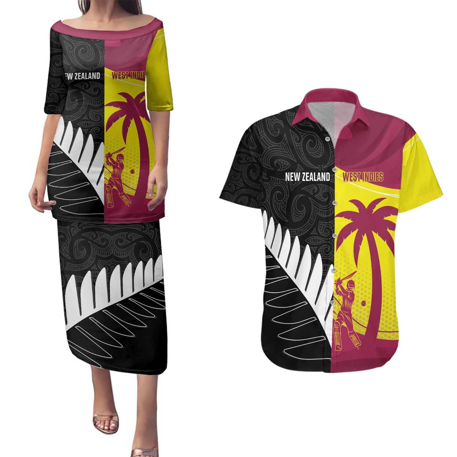 New Zealand and West Indies Cricket Custom Couples Matching Puletasi and Hawaiian Shirt Black Cap Windies Together - Wonder Print Shop