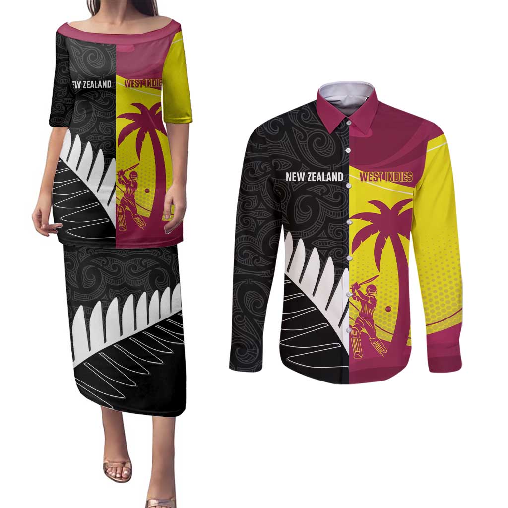 New Zealand and West Indies Cricket Custom Couples Matching Puletasi and Long Sleeve Button Shirt Black Cap Windies Together - Wonder Print Shop