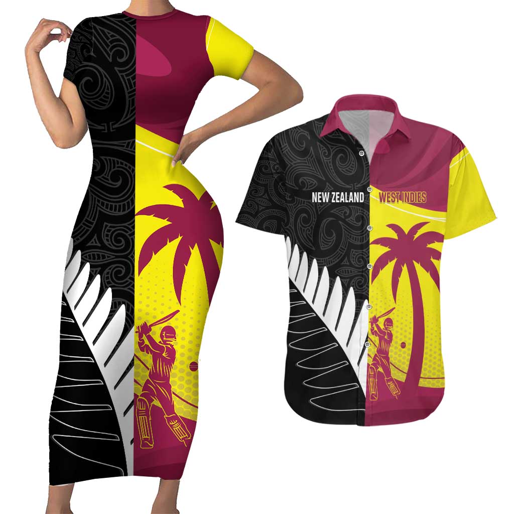 New Zealand and West Indies Cricket Custom Couples Matching Short Sleeve Bodycon Dress and Hawaiian Shirt Black Cap Windies Together - Wonder Print Shop