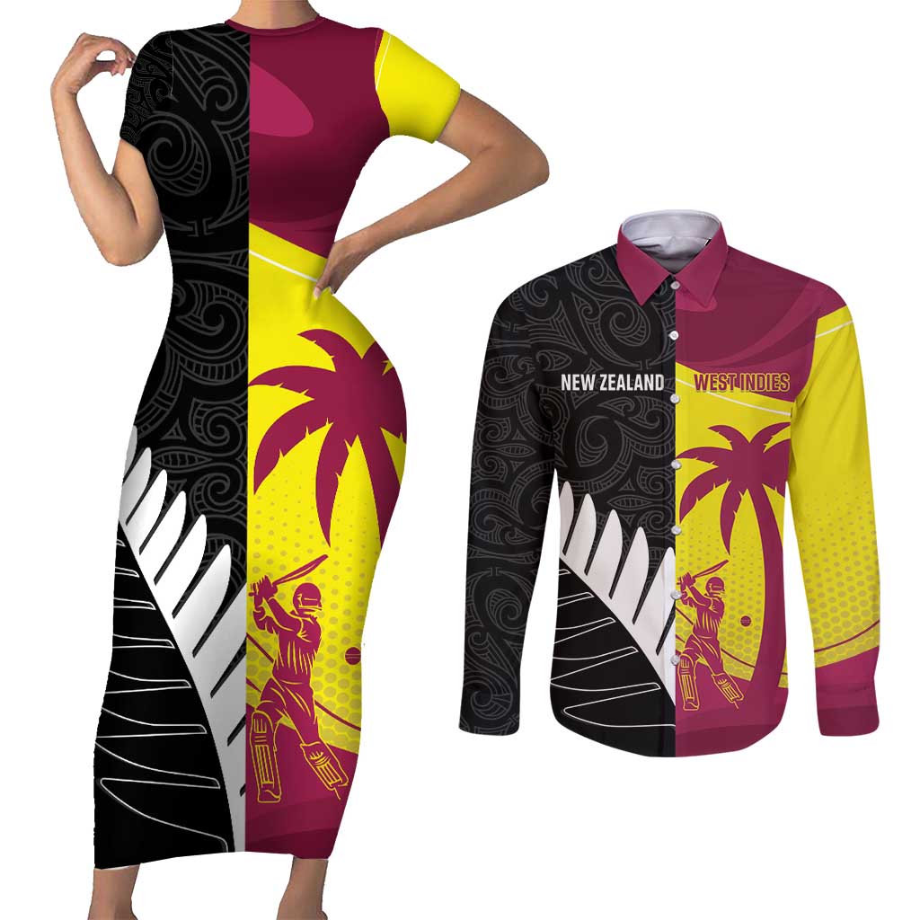 New Zealand and West Indies Cricket Custom Couples Matching Short Sleeve Bodycon Dress and Long Sleeve Button Shirt Black Cap Windies Together - Wonder Print Shop