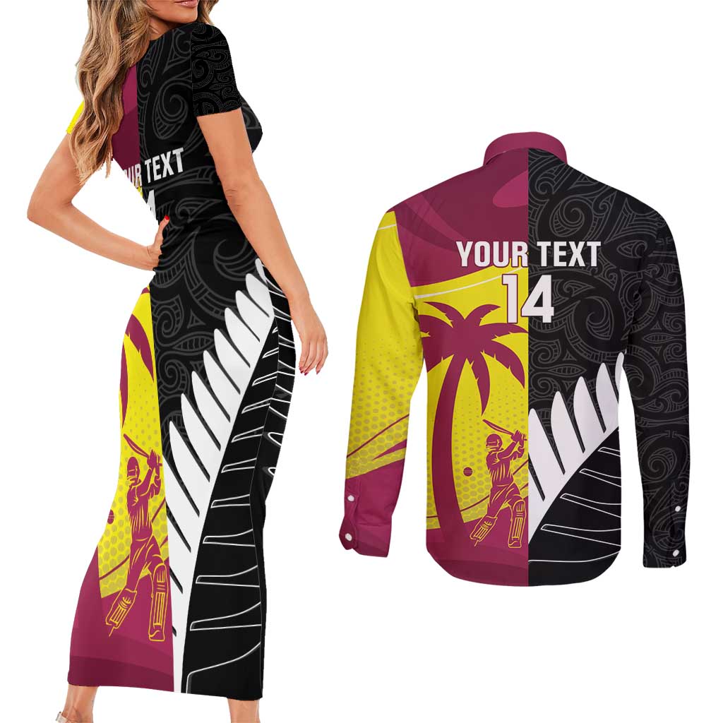 New Zealand and West Indies Cricket Custom Couples Matching Short Sleeve Bodycon Dress and Long Sleeve Button Shirt Black Cap Windies Together - Wonder Print Shop