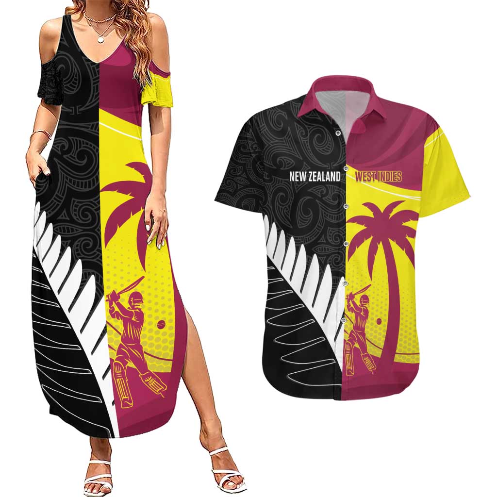 New Zealand and West Indies Cricket Custom Couples Matching Summer Maxi Dress and Hawaiian Shirt Black Cap Windies Together - Wonder Print Shop