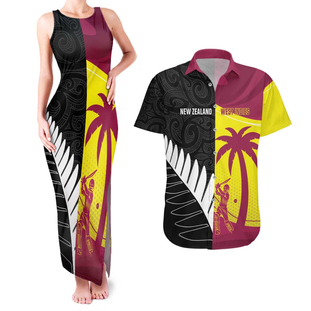 New Zealand and West Indies Cricket Custom Couples Matching Tank Maxi Dress and Hawaiian Shirt Black Cap Windies Together - Wonder Print Shop