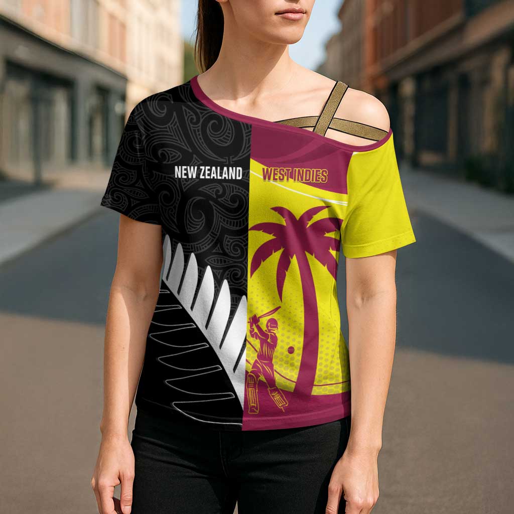 New Zealand and West Indies Cricket Custom Cross Shoulder Shirt Black Cap Windies Together - Wonder Print Shop