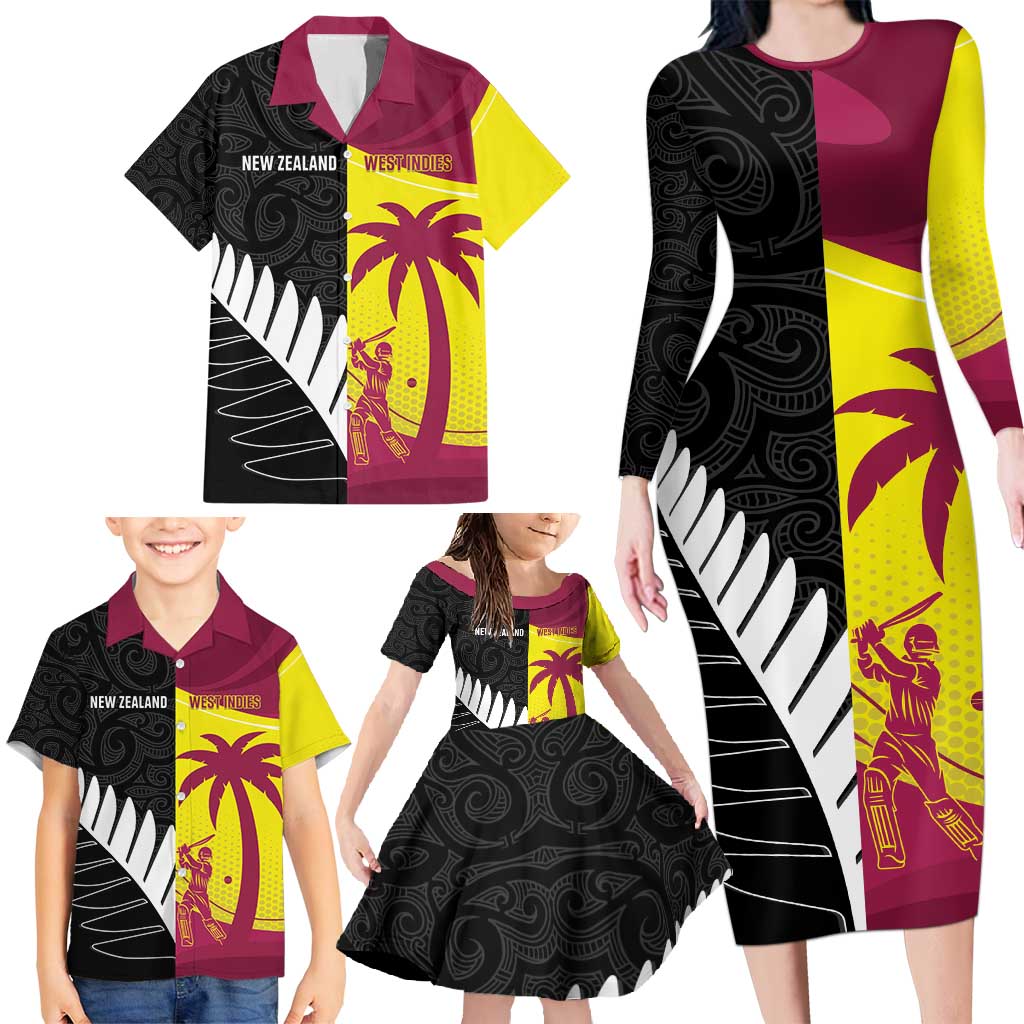 New Zealand and West Indies Cricket Custom Family Matching Long Sleeve Bodycon Dress and Hawaiian Shirt Black Cap Windies Together - Wonder Print Shop
