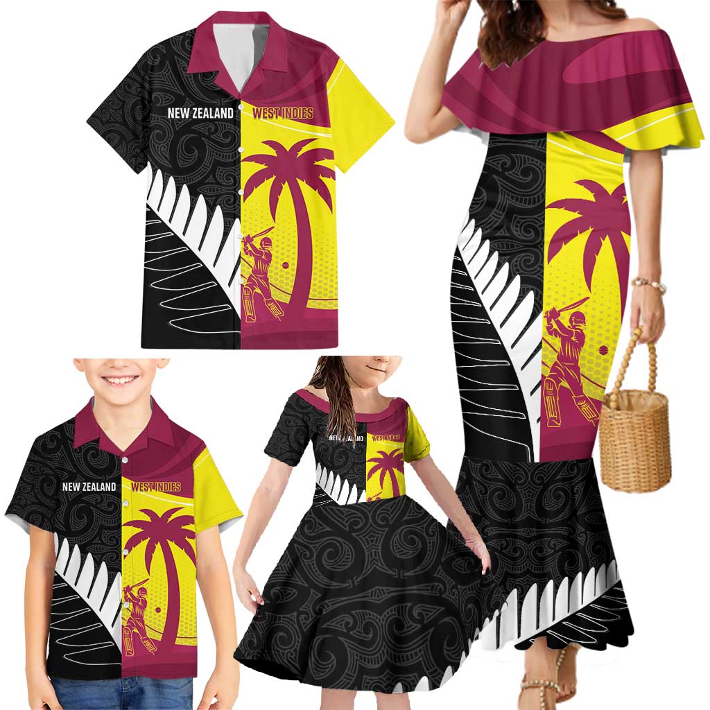 New Zealand and West Indies Cricket Custom Family Matching Mermaid Dress and Hawaiian Shirt Black Cap Windies Together - Wonder Print Shop