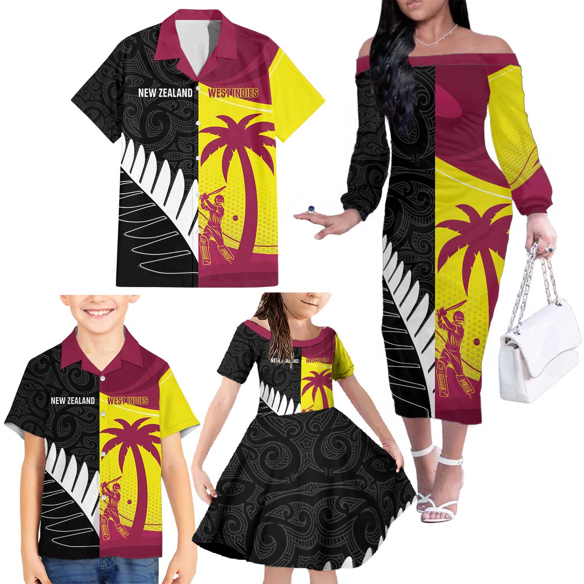 New Zealand and West Indies Cricket Custom Family Matching Off The Shoulder Long Sleeve Dress and Hawaiian Shirt Black Cap Windies Together - Wonder Print Shop