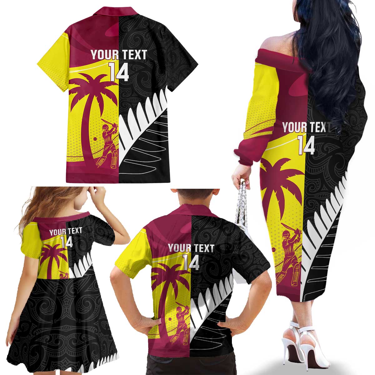 New Zealand and West Indies Cricket Custom Family Matching Off The Shoulder Long Sleeve Dress and Hawaiian Shirt Black Cap Windies Together - Wonder Print Shop