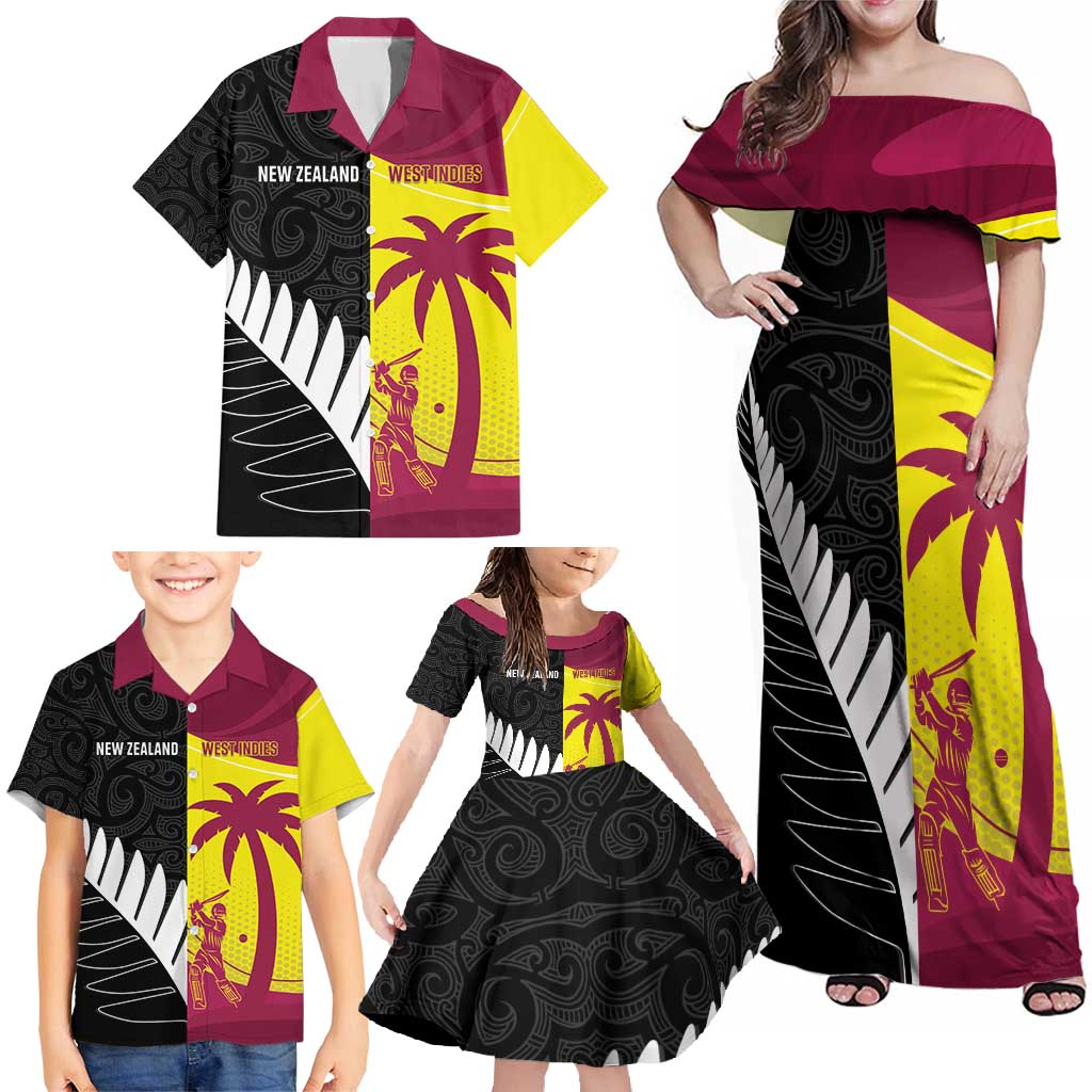 New Zealand and West Indies Cricket Custom Family Matching Off Shoulder Maxi Dress and Hawaiian Shirt Black Cap Windies Together - Wonder Print Shop