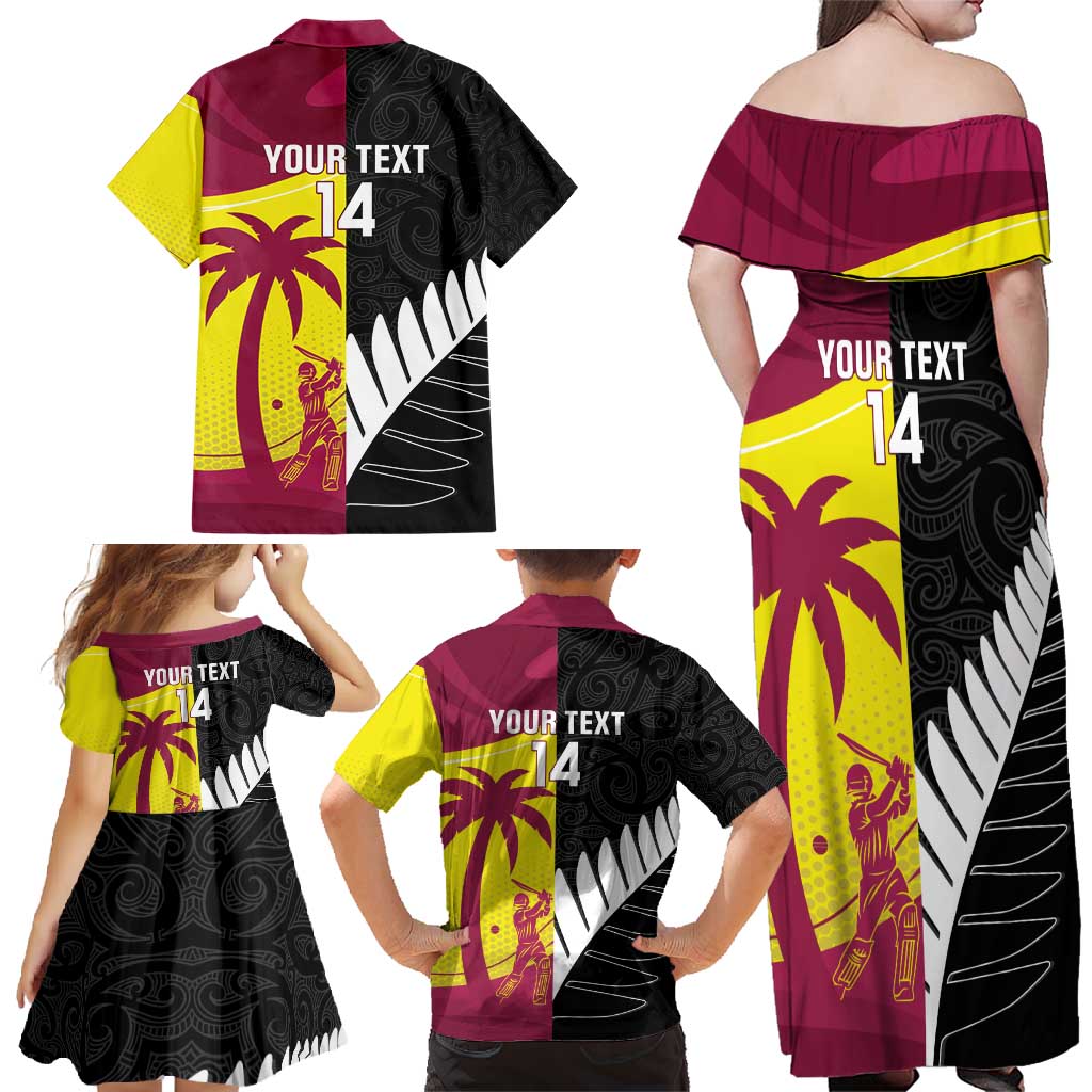 New Zealand and West Indies Cricket Custom Family Matching Off Shoulder Maxi Dress and Hawaiian Shirt Black Cap Windies Together - Wonder Print Shop