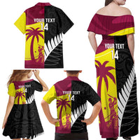 New Zealand and West Indies Cricket Custom Family Matching Off Shoulder Maxi Dress and Hawaiian Shirt Black Cap Windies Together - Wonder Print Shop