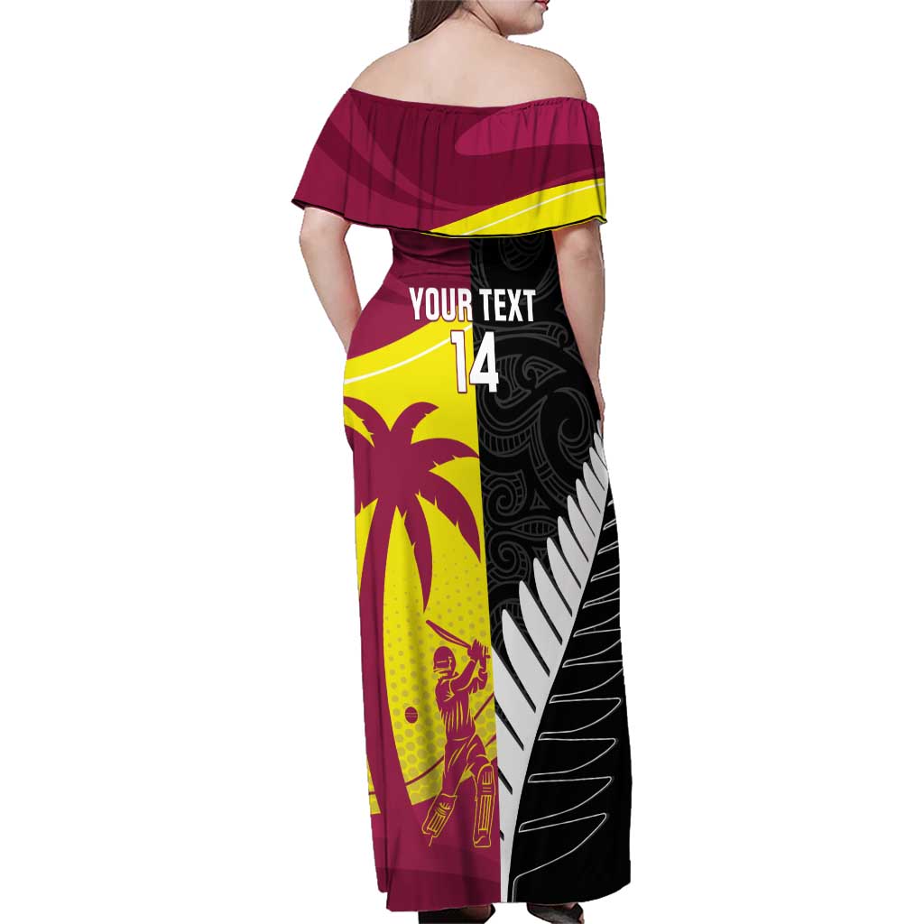 New Zealand and West Indies Cricket Custom Family Matching Off Shoulder Maxi Dress and Hawaiian Shirt Black Cap Windies Together - Wonder Print Shop