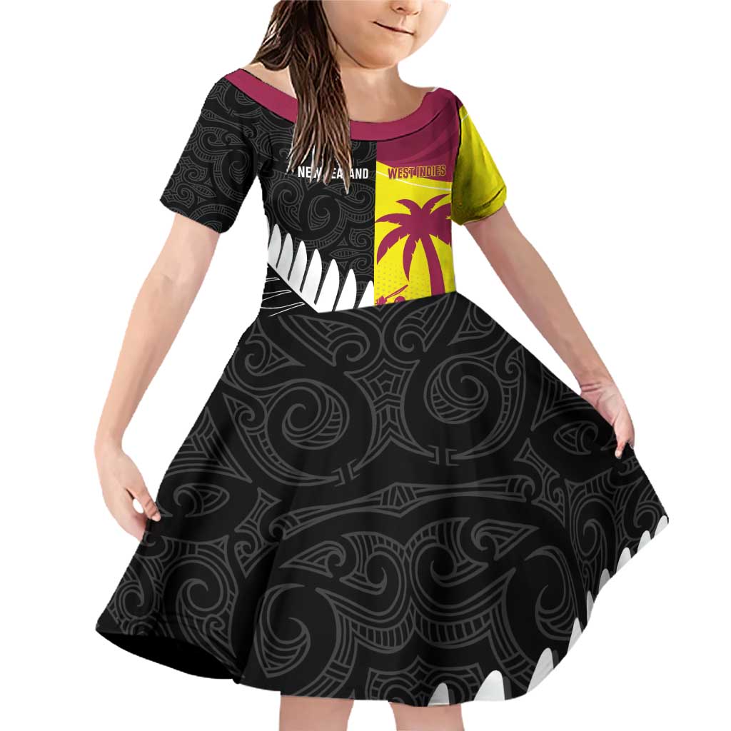 New Zealand and West Indies Cricket Custom Family Matching Off Shoulder Short Dress and Hawaiian Shirt Black Cap Windies Together - Wonder Print Shop