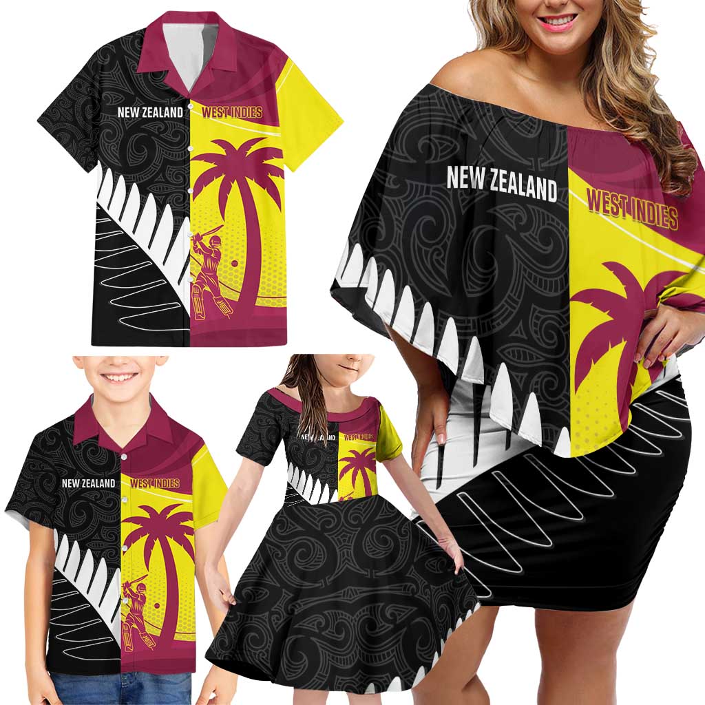 New Zealand and West Indies Cricket Custom Family Matching Off Shoulder Short Dress and Hawaiian Shirt Black Cap Windies Together - Wonder Print Shop