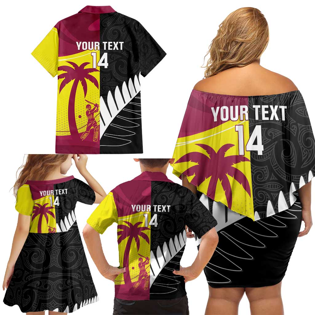 New Zealand and West Indies Cricket Custom Family Matching Off Shoulder Short Dress and Hawaiian Shirt Black Cap Windies Together - Wonder Print Shop