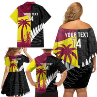 New Zealand and West Indies Cricket Custom Family Matching Off Shoulder Short Dress and Hawaiian Shirt Black Cap Windies Together - Wonder Print Shop
