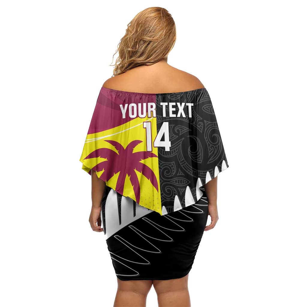 New Zealand and West Indies Cricket Custom Family Matching Off Shoulder Short Dress and Hawaiian Shirt Black Cap Windies Together - Wonder Print Shop