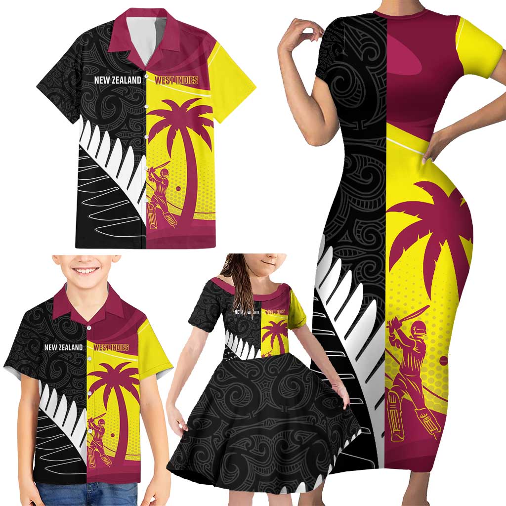 New Zealand and West Indies Cricket Custom Family Matching Short Sleeve Bodycon Dress and Hawaiian Shirt Black Cap Windies Together - Wonder Print Shop